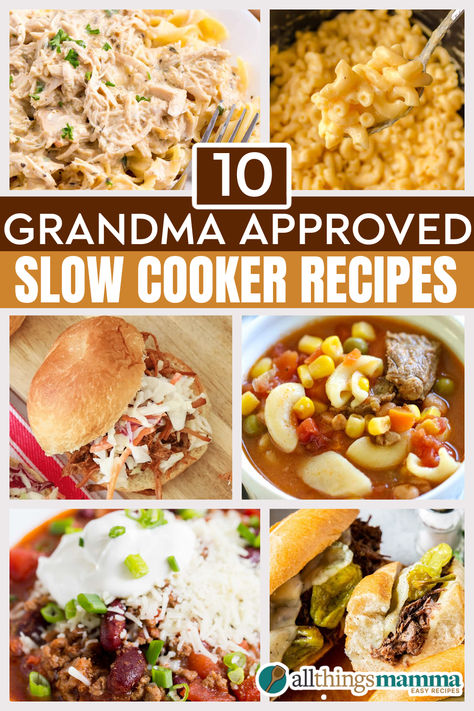 Collage of comforting slow cooker recipes including soups, roasts, and hearty dishes, with the title “10 Grandma-Approved Slow Cooker Recipes.” Overnight Crockpot Dinner Recipes, 50 Dump Dinners For Your Slow Cooker Taste Of Home, Small Batch Slow Cooker Recipes, Slower Cooker Recipe, Slow Cooker Family Meals, Slow Cooker Recipes Uk, Simple Slow Cooker Recipes, Easy Slow Cooker Meals, Easy Crock Pot Meals