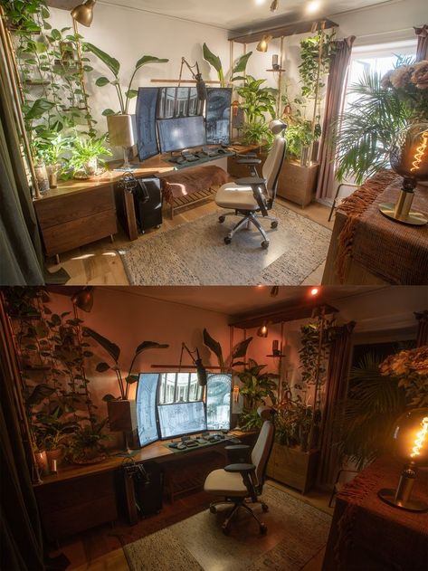 Brown Desk Gaming Setup, Plant Themed Gaming Setup, Industrial Gaming Setup, Classy Gaming Room, Nature Themed Gaming Setup, Academia Gaming Setup, Earthy Gamer Setup, Forest Aesthetic Living Room, Wood Pc Setup