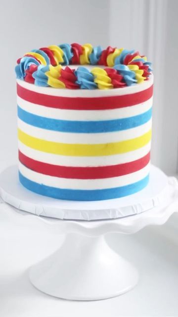 Red And Yellow Cake, Red And Blue Cake, Red Blue Yellow Cake, Primary Color Cake, Red And Blue Birthday Cake, Red Blue Yellow Birthday Cake, Primary Color Birthday Cake, Blue Birthday Cakes, Striped Cake