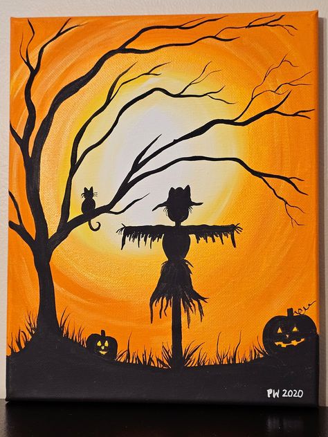 "\"Transform your space with the enchanting allure of our Scarecrow and Pumpkin Patch masterpiece! This stunning painting captures the essence of autumn, featuring a rustic scarecrow standing guard amidst a golden field of pumpkins. A majestic tree, adorned with vibrant leaves, provides the perfect backdrop, and a mischievous cat perched on a branch adds a touch of whimsy. Elevate your home decor with the warmth and charm of this seasonal artwork - a true celebration of fall's beauty.\" *cross listed*" Fall Silhouette Art, Halloween Painting For Beginners, Halloween Canvas Paintings Step By Step, How To Paint A Fall Tree, Easy Paintings For Halloween, How To Paint A Scarecrow, Autumn Painting Ideas On Canvas, Easy Thanksgiving Paintings, Scarecrow Painting On Canvas