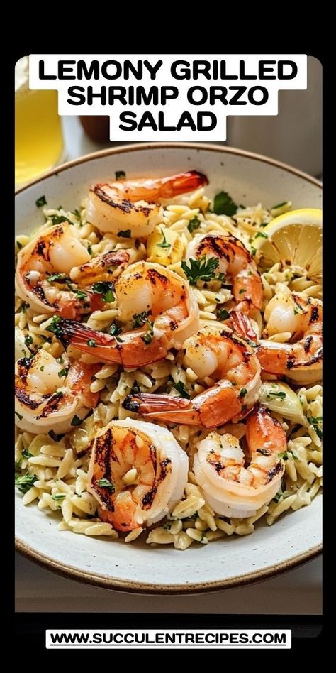 Bright, zesty, and packed with flavor, this Lemony Grilled Shrimp Orzo Salad is a delightful way to add a seafood twist to your Christmas menu. Perfect as a side dish or a refreshing main course. Shrimp And Orzo Salad, Shrimp Orzo Salad, Salad For Christmas, Shrimp And Orzo, Shrimp Orzo, Spicy Shrimp Tacos, Creamy Shrimp Pasta, Shrimp Recipes Healthy, Garlic Butter Shrimp