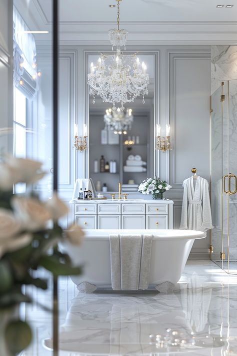 Transform Your Space: Explore This Elegant, Luxe Bathroom Design! American Classic Bathroom, Vanity With Gold Hardware, Opulent Chandelier, White Bathtub, Elegant Bathroom Design, Luxe Bathroom, Bathroom Counter Decor, Space Experience, Counter Decor