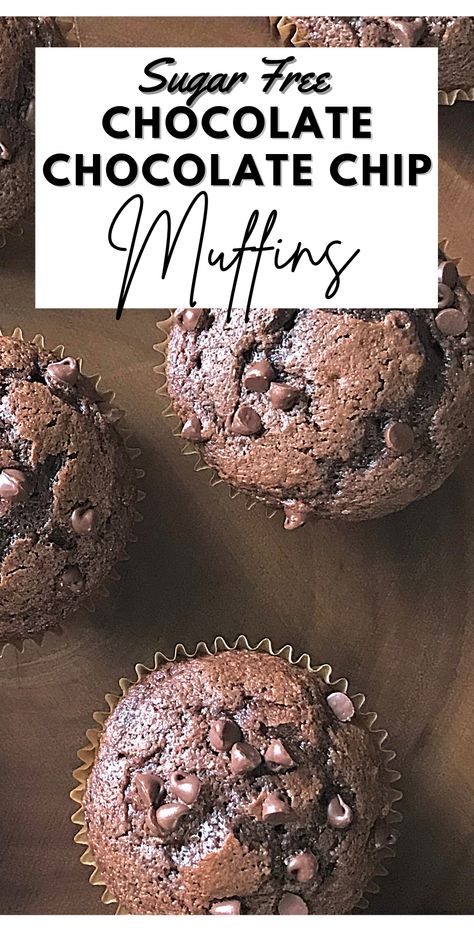 Chocolate Chocolate Chip Muffins, Low Sugar Muffins, Sugar Free Cupcakes, Sugar Free Muffins, Sugar Free Desserts Easy, Lunch Dessert, Chocolate Chip Muffin Recipe, Chocolate Muffin Recipe, Double Chocolate Muffins