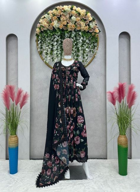 Saranyafashion.com WhatsApp 9833331188 Telegram SFDV - 22415 Description  Looking for this same colour beautiful Designer Suit On havy  Faux Georgette febric with inner and Digital print & Hand work and Dupatta on Faux Georgette febric with Fancy lace. Suit Fabric   :-Faux Georgette with inner Work    :-Digital Print with Hand Work Size      :-M(38),L(40),XL(42) Dupatta Fabric :-Faux Georgette Work  :-Digital Print with Fancy Lace Size    :-2.2M Black Anarkali Dress, Chaniya Choli Wedding, Floral Anarkali, Black Anarkali, Floral Sarees, Cutwork Saree, Gota Patti Saree, Lace Suit, Inner Work