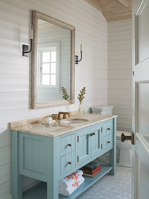 Turquoise Bathroom Vanity, Cottage, Bathroom, Dearborn Builders Nautical Bathroom Design Ideas, Makeover Kamar Mandi, Beach House Bathroom, Green Vanity, House Of Turquoise, Beach Bathroom Decor, Cottage Bathroom, Nautical Bathrooms, Bad Inspiration