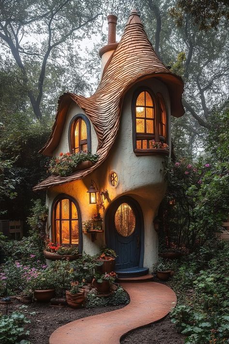 Charming fairytale house with curved roof and glowing windows. Ever wondered what it’s like to live in a fairy tale, fireplaces crackling and turrets gleaming, without eating enchanted apples or dodging mischievous dwarves? Fairytale House Interior, Straw Building, Cottages In The Woods, Weird Houses, Enchanted House, Fantasy Dwellings, Whimsical Architecture, Wonderland Crafts, Fabulous Homes