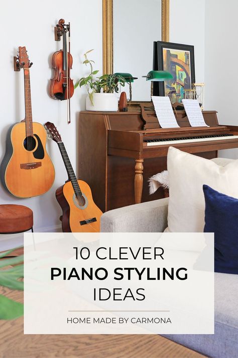 The piano is often the odd piece of furniture in the room that nobody knows how to decorate around. Well we've got 10 amazing examples of spaces that have worked it perfectly into their decor and even made it a focal point! | Home Made by Carmona #piano #musicroom #pianodecor Music Sitting Room Ideas, Piano Focal Point Living Room, Foyer With Piano Entryway, Modern Piano Decor, Decorating Top Of Piano, Piano Placement In Living Room Upright, Piano In Living Room Decorating Ideas, Shelves Above Piano, Piano In Living Room Layout