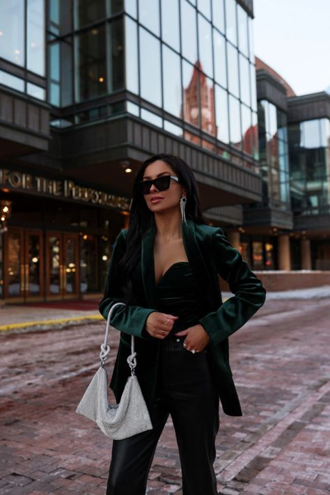 How to Style Blazers for the Holidays How To Style A Velvet Blazer, Green Velvet Blazer Outfit, Styling Bralettes Outfits, Green Blazer Outfits For Women, Satin Blazer Outfits, Sequin Blazer Outfit, Velvet Blazer Outfit, Green Blazer Outfit, Blazer Dress Outfits