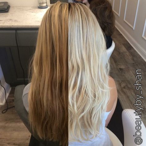 Before and after. Dark brassy blonde to platinum blonde. Rooty. Balayage. Blonde. @beautyby_shan Blonde To Platinum Before And After, Blonde Hair Before And After, Blonde Before And After, Toning Blonde Hair, Hair Blond, Brassy Blonde, Beige Blond, Balayage Blond, Blond Balayage