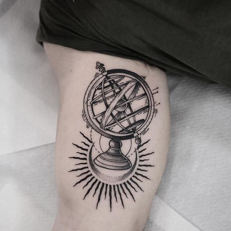 Did this armillary sphere for Marc. Thanks man #blackworkers_tattoo #blacktattooart… Celestial Sphere Tattoo, Gyroscope Tattoo, Armillary Sphere Tattoo, Sphere Tattoo, Clock Tattoo Sleeve, Plane Tattoo, Armillary Sphere, Celestial Sphere, Tattoo Board