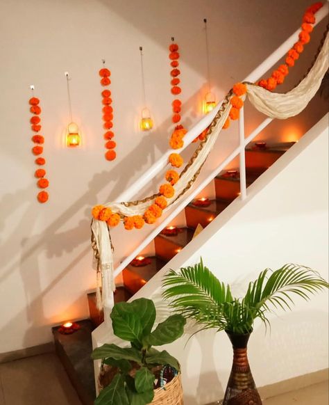 Diwali floor decor #diwali #diwalidecorations #diwalirangoli  #decoration #decor Staircase Garland, Diwali Decorations At Home, Diwali Decor, Staircase Decor, Small Room Decor, Diwali Decoration, Diwali Rangoli, Flower Rangoli, Festive Decor