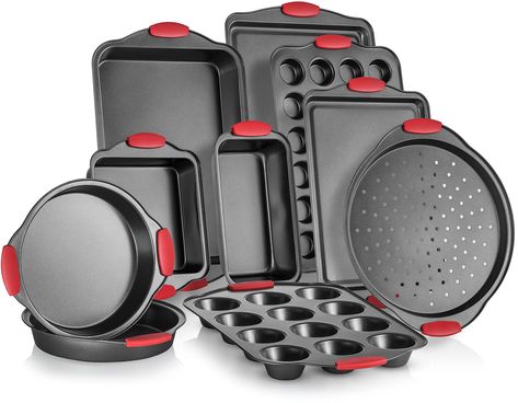 Perlli 10Piece Nonstick Carbon Steel Bakeware Set With Red Silicone Handles  Metal Reusable Quality Kitchenware For Cooking and Baking Cake Loaf Muffins andMore  Non Stick Kitchen Supplies -- Be sure to check out this awesome product. (This is an affiliate link) Turtle Cheesecake Recipes, Cake Baking Supplies, Cake Loaf, Bakeware Storage, Turtle Cheesecake, Desain Pantry, Kitchenware Set, Muffin Pans, Kitchen Oven