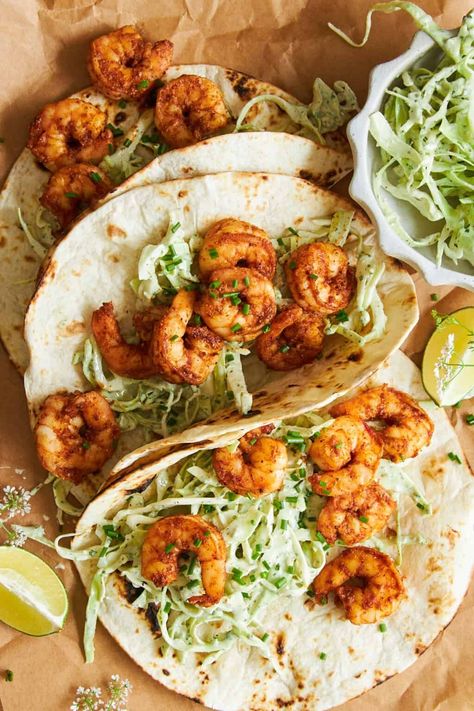 Blackened Shrimp Tacos with Slaw - Food Dolls Blackened Shrimp Tacos With Cabbage Slaw, Blackened Shrimp Tacos, Food Dolls, Shrimp Taco, Slaw For Shrimp Tacos, Healthy Shrimp Tacos, Low Carb Shrimp Recipes, Mexican Quinoa Salad, Shrimp Tacos Easy