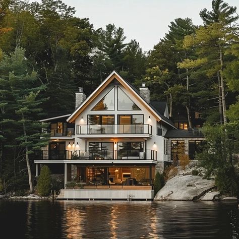 My Images Three Story Lake House, Two Story Lake House, Lake Homes Exterior, Lake Side House, House Built Into Hill, Lakehouse Aesthetic, Houses In Washington, Small Lake House, Dream Lake House