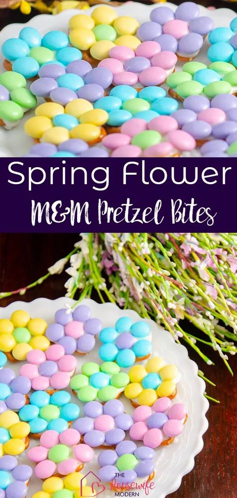 Easter Pretzel Treats, Flower Pretzel Bites, Easter Bark Recipe, Flower Shaped Food, Easter Pretzel, Spring Sweets, Christmas Pretzels, Spring Flower Crafts, Pretzel Treats