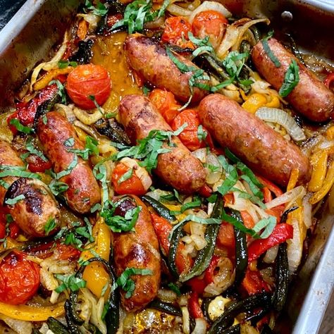 Roasted Sausage & Peppers Sausage And Peppers Ina Garten, Roasted Italian Sausage And Peppers, Ina Garten Sausage And Peppers, Alfresco Sausage Recipes, Italian Peppers And Sausage, Stuffed Italian Sausage Recipes, Oven Roasted Sausage And Peppers, Toulouse Sausage Recipe, Italian Sausage And Potatoes In Oven