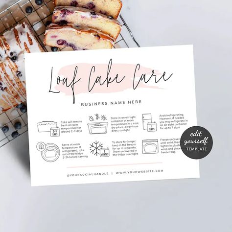 Loaf Cake Care Card Template How to Store Pound Cakes image 1 Cake Care Card, Baked Scones, Feminine Watercolor, Farm Store, Cafe Ideas, Pound Cakes, Bakery Logo, Bakery Business, How To Store