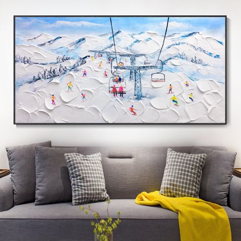 Snowboard On Wall Decor, Ski Bedroom, Skiing Pictures, Ski Painting, Gunung Everest, Mountain Skiing, Skiing Art, Cozy Lodge, Painting Textured Walls