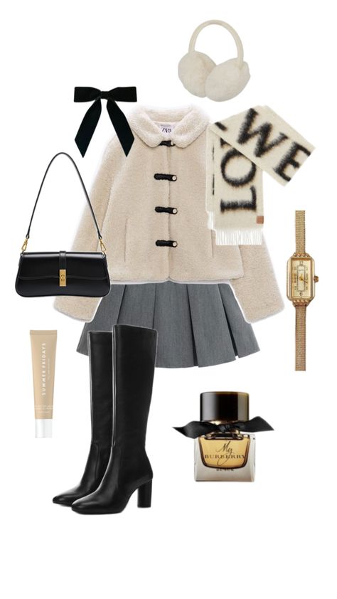 white shirling jacket black boots grey pleaded skirt black bow Cozy Chic Outfit, Pleaded Skirt, The Clique, Outfit Layouts, Oufits Casual, Autumn Fits, Winter Fits, Cozy Chic, Chic Outfit