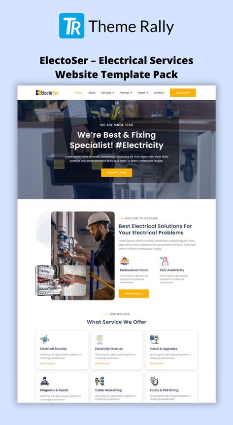 ElectoSer – Electrical Services Website Template Pack Services Design Layout, Electrical Website Design, Services Website Page, Services Website Design Layout, Electrician Website Design, Services Page Design Website, Website Services Page Design, Electrician Branding, Website Services Page