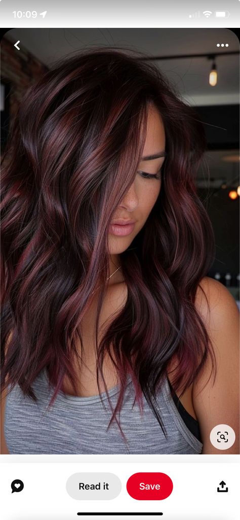 Red With Brown Lowlights, Dark Brown Hair With Dark Red Balayage, Hair Color Ideas For Light Brunettes For Fall, Red Bayalage Hair With Money Piece, Long A Line Haircut Curly, Deep Red Lowlights In Brown Hair, Red Maroon Hair Burgundy, Red Fall Balayage, Deep Red Money Piece Hair