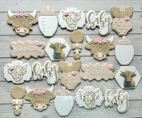 Highland Cow Cookies Baby Shower Boy, Highland Cow Baby Shower Cookies, Highland Cow Baby Shower Ideas, Highland Cow Cookies, Baby Shower Cookies Neutral, Cow Baby Shower Theme, Highland Cow Baby, Cow Baby Shower, Cow Cookies