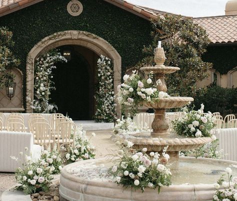 Old European Wedding Theme, Timeless European Wedding, Classy Wedding Mood Board, Wedding Arch Classic, Soft Romance Wedding, Water Fountain Wedding Decor, Fountain Florals Wedding, French Wedding Centerpieces, White Roses Wedding Table Decor