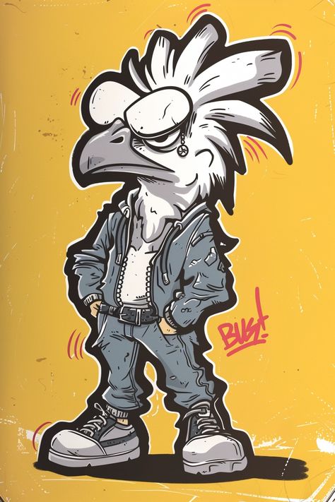 Create a graffiti-style cartoon character in vector format using Adobe Illustrator. The character is an exaggerated caricature featuring minimalistic design with thick line art. The character should be a white rooster with a bad boy attitude, wearing shoes, spurs, and an earring in its ear. The focus is on creating a stylized urban character with bold features suitable for graffiti art. The illustration should depict the full body of the character --v 6 Thick Line Art, Bird Graffiti, Rooster Vector, White Rooster, Boy Attitude, Graffiti Styles, Funky Fashion, Minimalistic Design, Boy Art