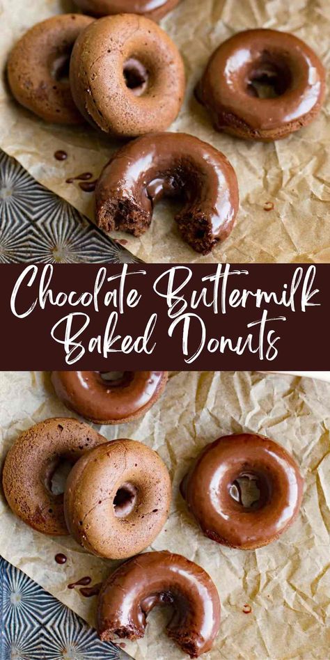 Chocolate buttermilk baked donuts are moist chocolate buttermilk baked donuts that are topped with a rich chocolate glaze. These easy donuts taste like a piece of Texas sheet cake! Baked Buttermilk Donuts Recipe, Baked Chocolate Donuts Recipe, Cherry Blossom Cookies Recipe, Buttermilk Doughnut Recipe, Buttermilk Donut Recipe, Bakery Favorites, Donut Pan Recipe, Soft Chocolate Cake, Baked Donut Recipe