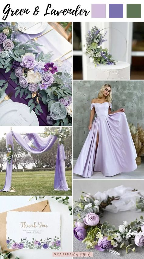 A fabulous rustic palette of greens and lavender is nestled between olive branches and hydrangea blossoms to make the perfect spring color palette if you are looking to add a bit of an organic feel to your wedding decoration with some simple country touches. Check out more wonderful lavender wedding color schemes like pink and gold and pink & lavender theme that are excellent shades of purple wedding color palettes for a spring wedding day. Elegant Spring Wedding Color Schemes, Lavender Wedding Color Schemes, Wedding Colors Lavender, Purple Spring Wedding, Rustic Lavender Wedding, Rustic Palette, Lavender Wedding Colors, Deco Violet, Wedding Palettes