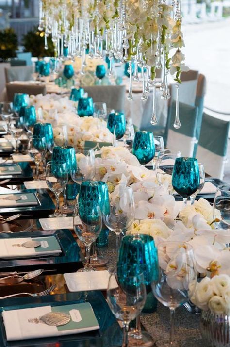 Black and Turquoise Party Decorations | smitten for turquoise too and the turquoise goblets on this table are ... Colin Cowie Wedding, Teal Wedding, Turquoise Wedding, Beach Destination Wedding, Long Table, Wedding Tablescapes, Island Weddings, Wedding Planners, Wedding Themes