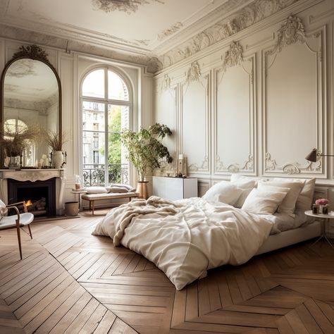 Romantic Interior Design Bedroom, European Style Homes Interior Bedrooms, Wealthy Aesthetic Bedroom, Parisian Apartment Aesthetic Bedroom, French Villa Bedroom, French Interior Design Parisian Style Master Bedrooms, Bedroom Inspo Big Room, Modern Victorian Interior Design Bedroom, Parisian Interior Design Bedroom