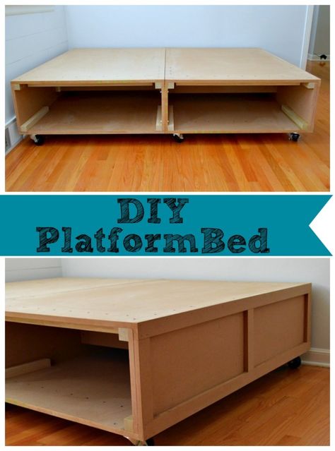 DIY platform bed with wheels and storage space. #diy chatfielcourt.com Wall Folding Bed, Diy Platform Bed Frame, Diy Platform Bed, Apartment Storage, Murphy Bed Plans, Bed Platform, Platform Bed With Storage, Bed With Storage, Platform Beds