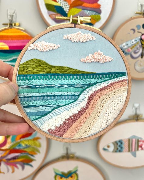 Driftwood Paintings, Water Embroidery, Beach Embroidery, Embroidery Hoop Wall Art, Abstract Embroidery, Textile Art Embroidery, Hand Beaded Embroidery, Pretty Embroidery, Diy Embroidery Patterns