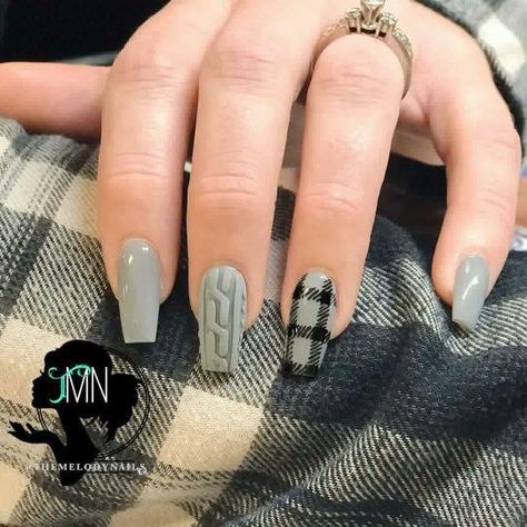 Grey Sweater Nails Designs, Sweater Nails Black, November Sweater Nails, Sweater Nails Designs Fall, Glossy Sweater Nails, Black Sweater Nail Designs, Gray Sweater Nails, Grey Sweater Nail Design, Grey Sweater Nails