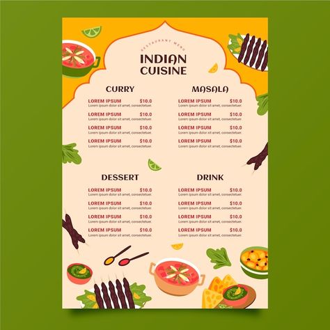 Free vector hand drawn indian menu desig... | Free Vector #Freepik #freevector #indian-menu #main-menu #beverage-menu #menu-design South Indian Menu Card, Book Menu Design Ideas, Menu Beverage, Indian Menu Design, Illustrated Invitations, Cloud Kitchen, Menu Design Template, Simple Menu, Main Menu