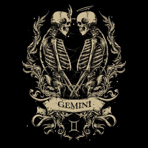 gemini zodiac sign on Threadless Gemini Skull Tattoo Ideas, Dark Gemini Art, Gemini Skeleton Tattoo, Dark Gemini Tattoo, Gemini Symbol Aesthetic, Gemini Dragon Tattoo, Gemini Demon, Gemini Drawings, Gemini Aesthetic Art