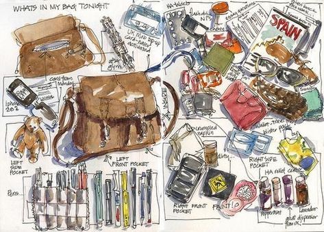 Kunstjournal Inspiration, Travel Art Journal, Travel Sketchbook, Bag Illustration, Sketch Journal, Drawing Bag, Watercolor Journal, Travel Sketches, In My Bag