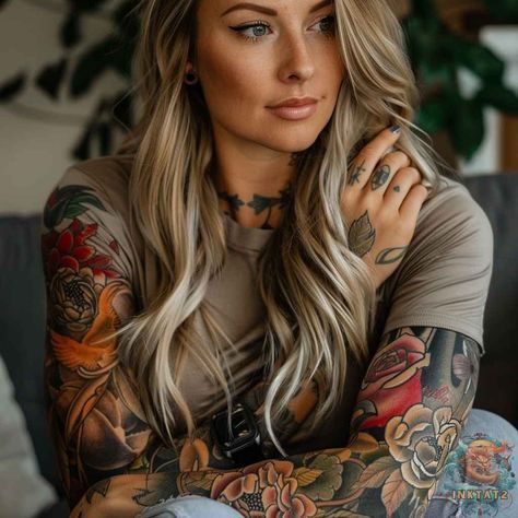 Women’s 3/4 Sleeve Tattoo, Soft Shading Tattoos, Half Sleeve Color Tattoos For Women, Women’s Sleeve, Tattoo Outfit Woman, Female Full Sleeve Tattoo, Girls Sleeve Tattoo Ideas, Women Full Sleeve Tattoo, Tattoo Ideas Full Sleeve