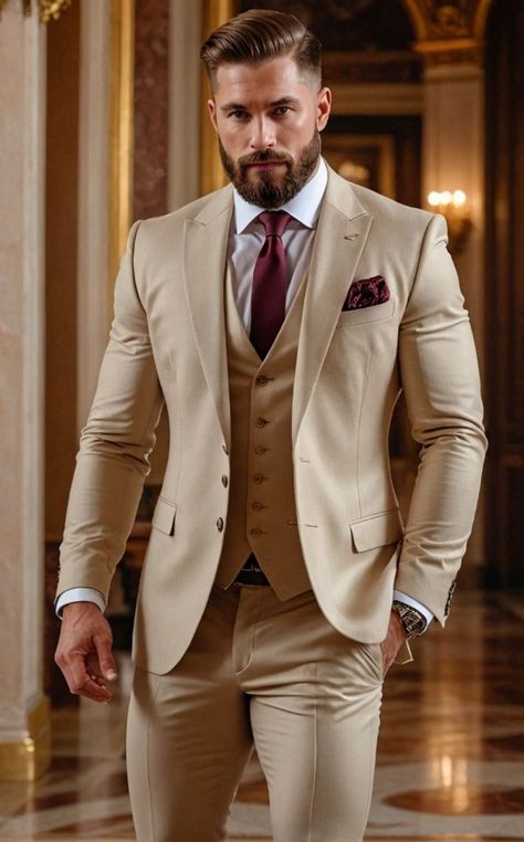 Suite For Groom Wedding, Beige Suit Combinations Men, Designer Suits For Men Wedding Indian, Tan Mens Suit Wedding, Gold Suit Men, Groom Suit Tan, Beige Suits For Men, Suit For Men Wedding, Groom And Groomsmen Suits