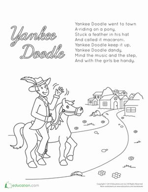 July 4th/Independence Day Preschool Holiday Worksheets: Yankee Doodle Lyrics Doodle Lyrics, Lyrics Worksheet, 4th Of July Songs, Preschool Friendship, Preschool Social Studies, Transition Songs, Yankee Doodle Dandy, Kindergarten Songs, Classroom Songs