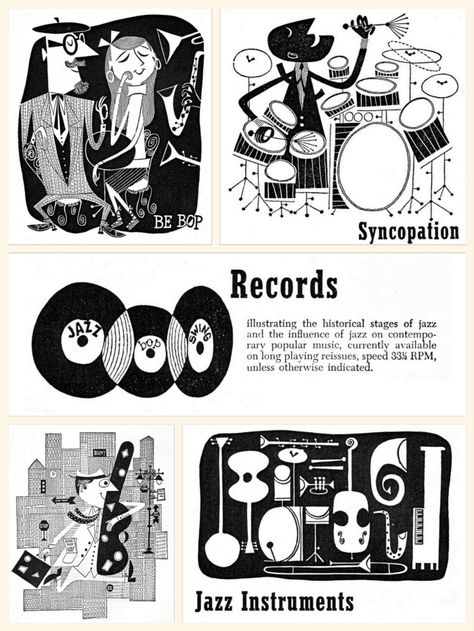 vintage music illustrations Vintage Music Illustration, Jazz Instruments, Beatnik Style, Illustration Black And White, French New Wave, Vinyl Record Art, Music Illustration, Smooth Jazz, Album Cover Art