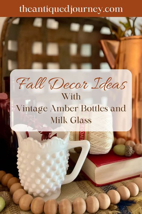 vintage amber bottles, milk glass, and thrifted finds used on a Fall shelf display Glass Fall Decor, Fall Hygge, Milk Glass Decor, Vintage Fall Decor, Thrifted Decor, Vintage Vignettes, Fall Vignettes, Inexpensive Decor, Fall Decorating Ideas