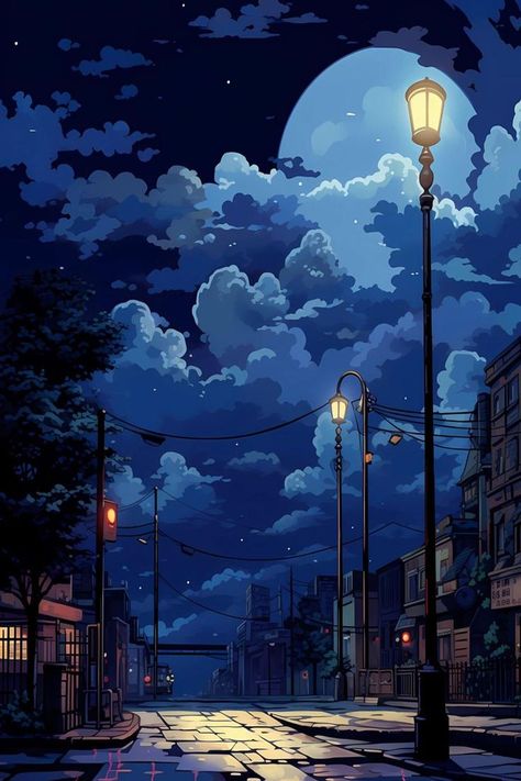 Moonlit street scene with illuminated lamps under a serene moonlit sky, creating a whimsical urban night art. Yellow and black square tiles add to the aesthetic, along with a lamp post, traffic light, and a surreal cartoon-like street light. The presence of a moon and window in the background adds depth and tranquility to the scene. Empty Street, Nature Canvas Art, Midnight City, Night Illustration, Serene Nature, Moonlit Night, City Background, City Drawing, City Painting