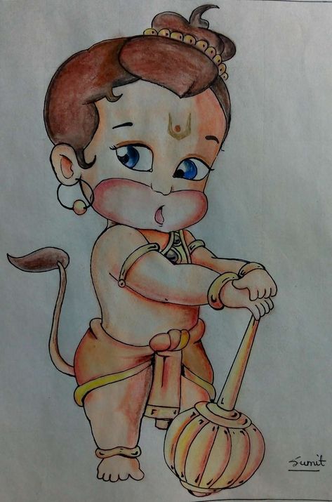 Hanumanji Drawing Easy, Little Hanuman Drawing, Hanumanji Art, Baal Hanuman, Devotional Drawings, Hanumaan Jee, Hanumanji Sketch, Hanumanji Painting, Hanumanji Drawing