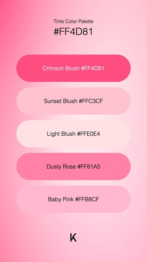 Tints Color Palette Crimson Blush #FF4D81 · Sunset Blush #FFC3CF · Light Blush #FFE0E4 · Dusty Rose #FF81A5 · Baby Pink #FFB8CF Pink Color Palette Hex Codes, Pink Palette Colour Schemes, Pink Pallet Color, Coquette Color Palette, Dusty Pink Palette, Skyler Aesthetic, Pink And Black Color Palette, Blush Pink Color Palette, Sunset Blush