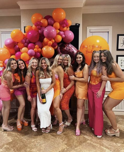 Tequila Sunrise Bachelorette Decor, Pink And Orange Party Outfit, Pink And Orange Hens Theme, Sunset Bachelorette Party, Pink And Orange Hens Party, Orange Bachelorette Theme, Pink And Orange Bachelorette Outfits, Sunset Bachelorette Theme, Pink And Orange Bachelorette