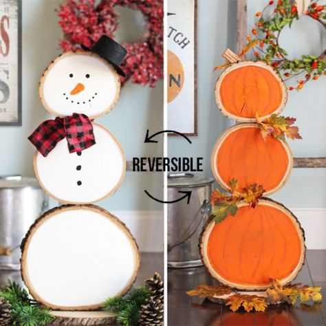 Reversible pumpkin and snowman wood slice craft #smallwoodcrafts Wood Slice Pumpkins, Wood Slice Decor, Dekorasi Halloween, Wood Slice Crafts, Wood Logs, Fall Crafts Diy, Snowman Decorations, Thanksgiving Crafts, Fall Decor Diy