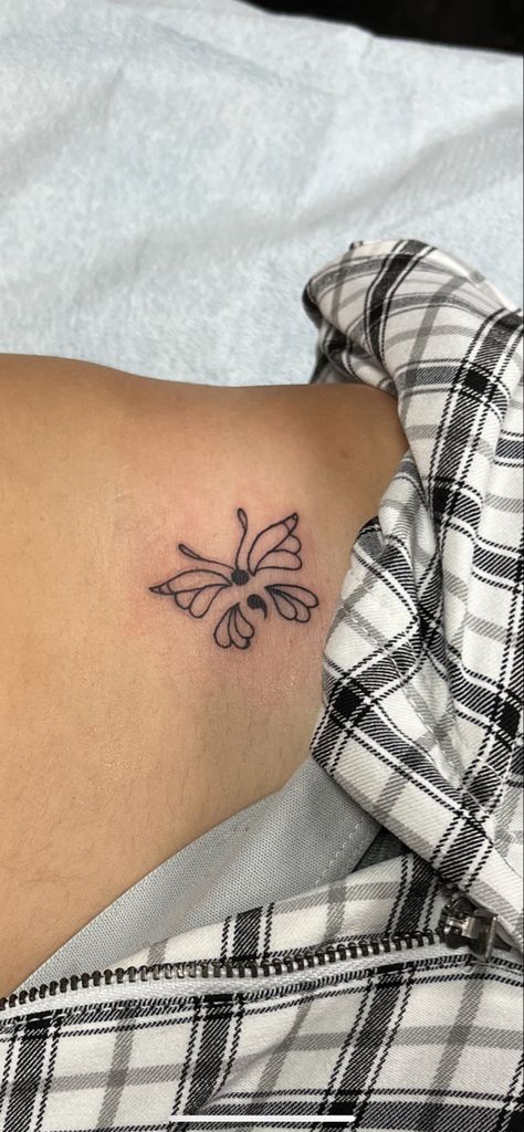 Minimalist Tattoo Placement For Women, Butterfly Tattoo For Coverup, Ed Tattoos For Women Butterfly, Minimalist Butterfly Semicolon Tattoo, Cheap Tattoos For Women, Small Tattoos Semicolon, Semi-colon Tattoo Pretty, Tattoo Designs Neda Butterfly, Butterfly Semi Colon Tattoos For Women