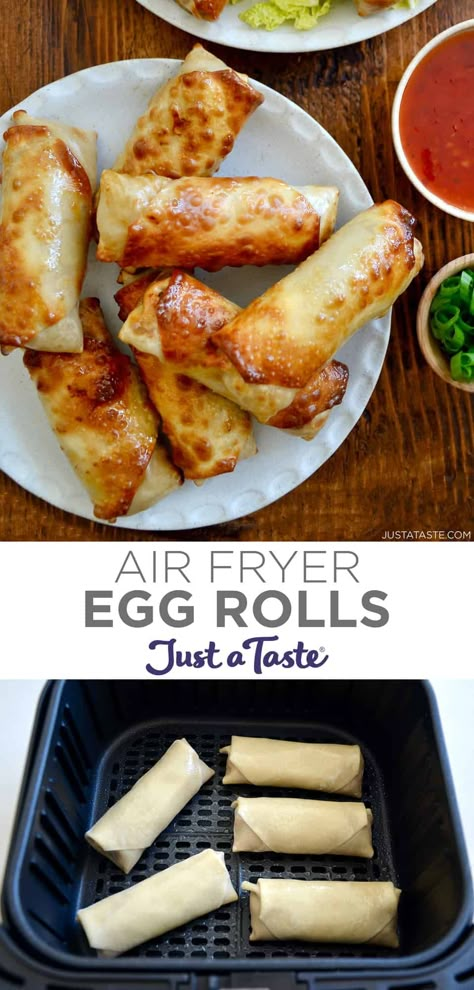 Air Fryer Egg Rolls are extra-crispy with a juicy filling. Best of all, this egg roll recipe can be customized with your choice of ground chicken, turkey or pork! #airfryerrecipes #eggrollsinairfryer #airfryereggrolls #eggrollrecipes #justatasterecipes Air Fryer Recipes Egg Rolls, Air Fryer Egg Rolls, Egg Roll Recipe, Homemade Egg Rolls, Pork Egg Rolls, Crispy Egg, Chicken Egg Rolls, Just A Taste, Air Fried Food